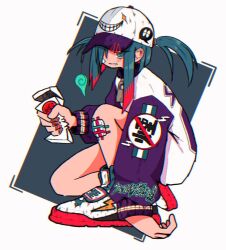  1girl aqua_eyes aqua_hair bandaid bandaid_on_knee bandaid_on_leg baseball_cap charm_(object) clenched_teeth colored_tips commentary from_side full_body grey_background hair_over_one_eye hat holding jacket long_sleeves looking_at_viewer looking_to_the_side medium_hair multicolored_hair nao97122 no_smoking one_eye_covered original outside_border print_headwear print_jacket purple_hat purple_jacket purple_sleeves red_hair shoes sneakers solo streetwear symbol-only_commentary teeth two-tone_hair two_side_up white_background white_footwear white_hat white_jacket zipper_pull_tab  rating:General score:1 user:danbooru
