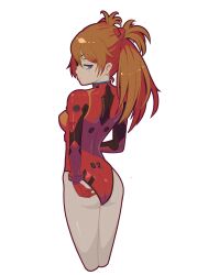  1girl absurdres adapted_costume alternate_hairstyle artist_request ass bare_legs blue_eyes bodysuit brown_hair cowboy_shot curvy expressionless hair_between_eyes highleg highleg_leotard highres legs_together leotard long_hair looking_at_viewer looking_back neon_genesis_evangelion plugsuit red_bodysuit red_leotard shiny_clothes shiny_skin simple_background skindentation solo souryuu_asuka_langley turtleneck twintails two_side_up wide_hips 