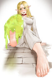  1girl angry barefoot blonde_hair blush breasts choker collarbone dungeon_meshi easonx elf embarrassed feet feet_up foot_focus gradient_background green_eyes hands_on_ground highres large_breasts long_hair looking_at_viewer marcille_donato open_mouth pajamas pants pointy_ears red_choker shirt simple_background sitting slime_(substance) soles solo sweat toes white_background white_pajamas white_pants white_shirt  rating:Questionable score:15 user:danbooru