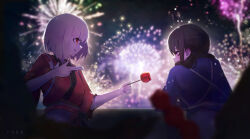  2girls absurdres aerial_fireworks artist_name black_hair blonde_hair blue_kimono blurry blush bob_cut candy_apple chinese_commentary closed_mouth commentary depth_of_field finger_gun fireworks food highres inoue_takina inverted_bob japanese_clothes kimono long_hair looking_at_another lycoris_recoil multiple_girls night nishikigi_chisato obi official_alternate_costume purple_eyes red_eyes red_kimono rnna sash short_hair short_sleeves sidelocks smile tasuki twintails 