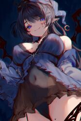  1girl absurdres animal animal_on_head babydoll bare_shoulders black_hair black_nightgown bleeding blood blood_on_face blue_eyes blue_hat blue_leotard blue_pajamas blue_shirt blush breasts breasts_apart chromatic_aberration closed_mouth covered_erect_nipples covered_navel crescent demon_girl demon_wings ear_piercing earrings fang frilled_babydoll frilled_nightgown from_below garter_straps hair_between_eyes hair_ornament hairclip hat highres jewelry large_breasts leotard long_hair looking_at_viewer mole mole_on_breast mole_on_thigh naokomama nightgown off_shoulder on_head pajamas piercing purple_babydoll purple_hat rem_kanashibari see-through shirt single_garter_strap skin_fang smile solo thigh_strap v4mirai very_long_hair virtual_youtuber wings zzz 