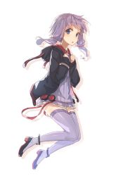  1girl :o animal_hood bad_id bad_twitter_id cjl6y5r commentary dress from_side full_body hair_ornament highres hood hood_down hooded_jacket jacket legs_up long_sleeves looking_at_viewer midair oweee purple_dress purple_eyes purple_hair purple_thighhighs rabbit_hood shoes short_dress short_hair_with_long_locks sidelocks silhouette simple_background solo thighhighs vocaloid voiceroid white_background yuzuki_yukari 