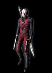 1boy capcom dante_(devil_may_cry) devil_may_cry devil_may_cry_(series) devil_may_cry_3 dual_wielding gun holding male_focus official_art simple_background solo sword weapon white_hair rating:Sensitive score:8 user:jojosstand