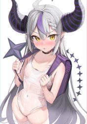  1girl :o absurdres ahoge backpack bag bare_shoulders black_choker black_horns blush braid braided_bangs breasts choker collarbone covered_navel cowboy_shot embarrassed eyelashes grey_hair groin hair_between_eyes hands_up highres hololive horns kanzarin la+_darknesss long_hair looking_at_viewer multicolored_hair nose_blush one-piece_swimsuit open_mouth pointy_ears purple_bag purple_hair see-through_one-piece_swimsuit see-through_swimsuit sidelocks single_braid small_breasts standing streaked_hair striped_horns swimsuit thighhighs thighs v-shaped_eyebrows very_long_hair virtual_youtuber wet wet_clothes wet_swimsuit white_background white_one-piece_swimsuit white_thighhighs yellow_eyes  rating:Sensitive score:140 user:danbooru