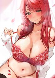  1girl absurdres areola_slip blush bra braid breasts cleavage closed_mouth collarbone falling_petals fingernails green_eyes highres inushima lace lace-trimmed_bra lace_trim large_breasts long_hair looking_at_viewer nail_polish navel off_shoulder open_clothes open_shirt original panties petals pink_nails red_bra red_hair red_panties red_petals shirt single_braid smile solo stomach underwear upper_body white_shirt 