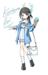  1girl absurdres airi_(band)_(blue_archive) airi_(blue_archive) badge bag band_shirt black_footwear black_hair blue_archive blue_shirt blush blush_visible_through_hair bow breasts button_badge character_name closed_mouth collarbone collared_shirt commentary food full_body green_bow green_eyes green_halo group_name hair_bow hair_over_shoulder half_updo halo hand_up handbag high-waist_skirt highres holding holding_food holding_ice_cream ice_cream ice_cream_cone knees_together_feet_apart loafers long_hair long_sleeves looking_at_viewer merchandise miniskirt mint_chocolate official_alternate_costume open_clothes open_shirt pleated_skirt raised_eyebrows shirt shirt_tucked_in shoes sidelocks simple_background skirt small_breasts smile socks solo split_mouth standing standing_on_one_leg swept_bangs three_quarter_view tsuuburi turning_head v white_background white_bag white_shirt white_skirt white_socks 