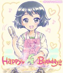  :d apron artist_name birthday black_eyes black_hair bob_cut collarbone commentary cooking english_text food frying_pan girls_und_panzer hand_up happy_birthday heart highres holding holding_cloth holding_frying_pan holding_tongs kuromori_yako looking_at_viewer musical_note ooarai_school_uniform open_mouth pink_apron sailor_collar school_uniform serafuku shirt short_hair sleeves_rolled_up smile steam stove straight-on tongs translated upper_body utsugi_yuuki white_sailor_collar white_shirt 