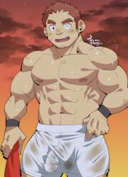  1boy abs bara blush brown_hair bulge cowboy_shot dirty dirty_clothes facial_hair facial_scar goatee goatee_stubble hand_on_own_hip highres holding holding_clothes holding_shirt large_pectorals male_focus muscular muscular_male one_eye_closed open_mouth pectorals scar scar_on_arm scar_on_cheek scar_on_face shirako_(kirupi) shirt short_hair shorts sideburns smile solo spiked_hair stubble sunset sweat tamamura_gunzo thick_eyebrows tokyo_houkago_summoners topless_male white_shorts wristband 
