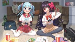  2girls asukaru_(magika_ru) black_sleeves blaze_(minecraft) blue_bow blue_bowtie blue_eyes blue_hair blush bow bowtie breast_pocket brown_hair brown_skirt buttons chicken_(minecraft) chizu_ranka controller couch creeper cup dated disposable_cup dot_nose drinking_straw ender_dragon enderman enderpearl fang food french_fries game_controller grey_thighhighs hair_ribbon highres holding holding_controller holding_game_controller indoors iron_golem_(minecraft) jewelry kamihama_university_affiliated_school_uniform layered_sleeves long_hair long_sleeves looking_at_viewer loose_bowtie magia_record:_mahou_shoujo_madoka_magica_gaiden magma_cube mahou_shoujo_madoka_magica medium_hair minami_rena minecraft miniskirt multiple_girls no_shoes on_floor one_side_up open_mouth pig_(minecraft) pink_ribbon plaid plaid_bow plaid_bowtie plaid_skirt pleated_skirt pocket red_bow red_bowtie red_eyes red_sailor_collar red_skirt ribbon ring sailor_collar sailor_shirt sakae_general_school_uniform school_uniform serafuku sheep_(minecraft) shirt short_over_long_sleeves short_sleeves signature sitting skirt snow_golem_(minecraft) stuffed_animal stuffed_pig stuffed_sheep stuffed_toy sweat thighhighs two_side_up v-shaped_eyebrows very_long_hair wavy_hair white_shirt white_thighhighs wing_collar wooden_floor zombie_(minecraft) 
