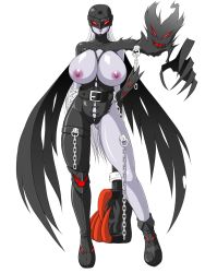  1girl breasts claws colored_skin demon digimon evil female_focus full_body grey_hair grey_skin ladydevimon large_breasts lento_(glamour_works) long_hair nipples red_eyes simple_background solo  rating:Explicit score:78 user:merkking