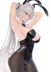  1girl animal_ears arms_up black_bow black_bowtie bow bowtie breasts demon_horns detached_collar fake_animal_ears grey_hair hakaba_(dairiseki) highres horns large_breasts leotard long_hair pantyhose playboy_bunny red_eyes sideboob tama_project twintails virtual_youtuber weiss_anne 