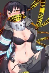  1girl arms_behind_back baggy_pants bdsm bikini bikini_top_only black_bikini black_coat black_hair blush bondage bound bound_wrists breasts caution_tape cleavage coat commentary covered_mouth curvy embarrassed en&#039;en_no_shouboutai gag grey_background grey_pants groin hair_between_eyes highres hip_vent large_breasts long_hair long_sleeves looking_at_viewer midriff navel nose_blush open_clothes open_coat orange_eyes pants restrained seraphim_throne sidelocks simple_background sitting solo sweat swimsuit tamaki_kotatsu tears torn_bikini torn_clothes torn_pants twintails twitter_username visor_(armor)  rating:Sensitive score:112 user:danbooru