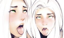  1girl ahegao blush close-up cum cum_in_mouth diathorn green_eyes highres multiple_views open_mouth rolling_eyes sketch solo teeth tongue tongue_out upper_teeth_only white_hair  rating:Questionable score:18 user:danbooru