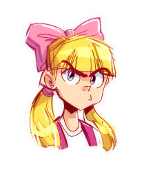  1girl blonde_hair blue_eyes bow child closed_mouth commentary english_commentary hair_ribbon helga_g_pataki hey_arnold! looking_at_viewer nickelodeon pink_bow ponytail portrait ribbon rj_balbuena simple_background sketch solo upper_body white_background  rating:General score:2 user:danbooru