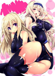  10s 2girls ass bad_id bad_pixiv_id black_legwear blonde_hair blush bodysuit breasts cecilia_alcott charlotte_dunois colored_eyelashes cum cum_in_mouth cum_on_hands cumdrip drill_hair drill_sidelocks grabbing_own_breast hair_between_eyes hairband half-closed_eyes halterneck head_tilt infinite_stratos large_breasts long_hair multiple_girls noto_kurumi one-piece_swimsuit open_mouth pilot_suit purple_eyes sidelocks skin_tight swimsuit thighhighs thighs very_long_hair  rating:Explicit score:51 user:danbooru