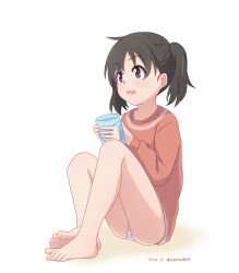  1girl 2019 barefoot black_hair cup dated dot_nose feet full_body holding holding_cup kuraue_hinata long_sleeve_shirt long_sleeves medium_hair no_shoes no_socks open_mouth purple_eyes simple_background sitting solo underwear white_background yama_no_susume 