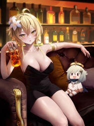  1girl :o absurdres ahoge alternate_costume armlet bar_(place) black_dress blonde_hair bottle breasts commentary couch cup dress drinking_glass flower genshin_impact hair_flower hair_ornament highres holding holding_cup large_breasts light_particles lumine_(genshin_impact) open_mouth paimon_(genshin_impact) rable short_dress sidelocks sitting solo strapless strapless_dress stuffed_toy thighs yellow_eyes  rating:Sensitive score:32 user:danbooru