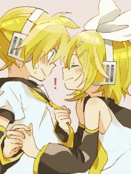  ! 1boy 1girl 4_(nakajima4423) bare_shoulders blonde_hair blue_eyes blush brother_and_sister closed_eyes detached_sleeves from_side hairband headphones hetero holding_hands imminent_kiss incest kagamine_len kagamine_rin necktie necktie_grab neckwear_grab siblings twincest twins vocaloid yellow_necktie  rating:Sensitive score:31 user:danbooru