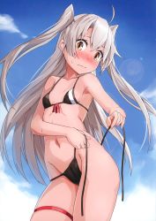 1girl absurdres ahoge amatsukaze_(kancolle) bikini black_bikini blue_sky blush breasts closed_mouth contrapposto cowboy_shot day embarrassed from_below front-tie_bikini_top front-tie_top highres kantai_collection lens_flare looking_at_viewer navel outdoors scan side-tie_bikini_bottom silver_hair sky small_breasts solo sweat swimsuit takanashi_kei_(hitsujikan) teardrop thigh_strap two_side_up tying untied_bikini wavy_mouth yellow_eyes rating:Sensitive score:45 user:danbooru
