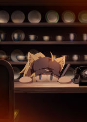 1girl ahoge antique_phone artist_request artoria_pendragon_(fate) bar_(place) baseball_cap blonde_hair blue_eyes corded_phone counter cup fate/grand_order fate_(series) hat hiding highres indoors long_hair looking_at_viewer mysterious_heroine_x_(fate) neco-arc official_art peeking peeking_out phone plate ponytail rotary_phone slit_pupils solo through_clothes tsukihime rating:Sensitive score:18 user:danbooru