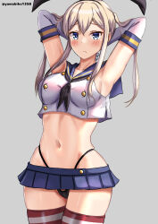  1girl absurdres alternate_costume anchor anchor_hair_ornament armpits arms_up black_neckerchief black_panties blonde_hair blue_sailor_collar breasts cleavage commentary_request cosplay cowboy_shot crop_top elbow_gloves embarrassed gloves graf_zeppelin_(kancolle) grey_background grey_eyes hair_between_eyes hair_ornament hairband highleg highleg_panties highres impossible_clothes kantai_collection large_breasts long_hair looking_at_viewer microskirt miniskirt mizuki_(uzuki_no_sato) navel neckerchief panties sailor_collar school_uniform serafuku shimakaze_(kancolle) shimakaze_(kancolle)_(cosplay) sidelocks skirt solo striped_clothes striped_thighhighs sweatdrop thighhighs twintails twitter_username underwear white_gloves 