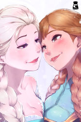  2girls anna_(frozen) artist_name bare_shoulders blonde_hair blue_dress blue_eyes braid breast_press breasts cleavage closed_mouth disney dress elsa_(frozen) eye_contact eyebrows eyelashes eyeshadow face-to-face female_focus forehead-to-forehead freckles frozen_(disney) hair_over_shoulder heads_together lips logo long_hair looking_at_another makeup mr.takealook multiple_girls orange_hair red_lips siblings side_braid sisters smile symmetrical_docking twin_braids upper_body  rating:Sensitive score:174 user:danbooru