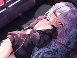  1girl bed black_jacket blush bra breasts brown_eyes cleavage female_focus gluteal_fold grey_hair highres jacket loli long_hair lying nearly_naked_coat no_pants nyahu_(nyahu_77) on_back open_clothes open_jacket original panties panty_pull pillow small_breasts smile solo thigh_gap thighs underwear very_long_hair white_bra white_panties  rating:Questionable score:27 user:danbooru