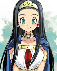  1girl aqua_eyes armlet black_hair blue_cape breasts cape closed_mouth collarbone dragon_quest dragon_quest_viii earrings eyelashes gold_hairband hairband jewelry lips long_hair looking_at_viewer medea medium_breasts muramasa_mikado neck_ring official_style pink_lips princess_medea smile solo straight-on straight_hair toriyama_akira_(style) upper_body 