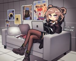  1girl ammunition_pouch artist_name black_gloves book boots breasts brown_coat brown_footwear brown_hair brown_thighhighs closed_mouth coat collar commentary_request commission computer couch dated double_bun girls&#039;_frontline gloves griffin_&amp;_kryuger hair_bun headphones indoors korean_commentary laptop madcore medium_breasts medium_hair on_couch open_book p90_(girls&#039;_frontline) pillow pixiv_commission poster_(object) pouch red_eyes sitting smile solo thigh_strap thighhighs 