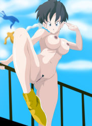  1girl angry breasts cleavage clothes dragon_ball dragonball_z fighting_stance highres jumping kunaix muscular nipples pubic_hair pussy tagme third-party_edit uncensored undressing videl  rating:Explicit score:23 user:tom01