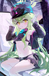  1girl absurdres bikini black_bikini black_hat black_jacket blue_archive blush breasts closed_mouth eyewear_on_headwear feet_out_of_frame gloves green_hair green_halo hair_between_eyes halo hat highres hikari_(blue_archive) jacket kabedoru long_hair long_sleeves looking_at_viewer navel open_clothes open_jacket outdoors palm_tree peaked_cap pointy_ears sitting small_breasts solo sunglasses swimsuit tree white_gloves yellow_eyes  rating:Sensitive score:14 user:danbooru