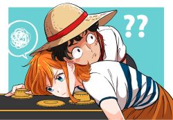  1boy 1girl ? ?? black_eyes black_hair blue_eyes blush_stickers border closed_mouth commentary_request facial_scar hat heads_together monkey_d._luffy mugicha_(zoro1132) nami_(one_piece) one_piece one_piece_(live_action) orange_hair orange_skirt outside_border safe_(container) scar scar_on_cheek scar_on_face shirt short_hair short_sleeves single_sidelock skirt speech_bubble spoken_squiggle squiggle straw_hat white_border white_shirt  rating:General score:31 user:danbooru