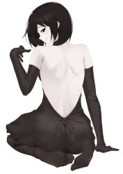  arm_support arm_up arril100 back_cutout bare_back bare_shoulders barefoot black_dress black_eyes black_gloves black_hair black_pantyhose clothing_cutout dress elbow_gloves from_behind gloves highres looking_at_viewer monogatari_(series) oshino_ougi pantyhose profile seiza short_hair simple_background sitting smile white_background 
