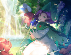  1girl asymmetrical_bangs blue_flower cape chrono_cross dress fairy flower gem green_cape green_eyes hibiscus holding holding_flower kneeling long_dress long_sleeves looking_at_viewer open_mouth outdoors pointy_ears pointy_hat purple_hair razzly_(chrono_cross) red_flower short_hair smile solo sunakumo water waterfall white_flower wide_sleeves 
