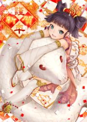  10s 1girl 2013 albino bad_id bad_pixiv_id bell black_hair bow chinese_zodiac detached_sleeves green_eyes hair_rings highres looking_at_viewer masami_chie new_year original rope snake snake_(chinese_zodiac) striped thighhighs  rating:Sensitive score:16 user:danbooru
