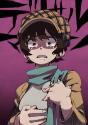 1girl :o bad_id bad_pixiv_id black_hair blue_scarf breasts brown_eyes brown_hair cabbie_hat copyright_name crying crying_with_eyes_open devilman fingernails gradient_background hands_on_own_chest hat highres horikoshi_kouhei jacket kawamoto_mikiko long_sleeves looking_down miko_(devilman) open_clothes open_jacket open_mouth plaid purple_background raised_eyebrows scarf short_hair small_breasts solo tears upper_body rating:Sensitive score:13 user:danbooru