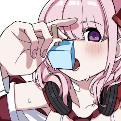  1girl absurdres blue_archive blush collarbone eimi_(blue_archive) fingernails food headphones headphones_around_neck highres holding holding_food kuzuuo long_hair looking_at_viewer open_mouth pink_hair popsicle portrait purple_eyes simple_background solo white_background 