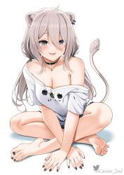  1girl :d ahoge animal_ear_fluff animal_ears barefoot black_choker black_eyes black_nails blush breasts casino_(casinoep) choker cleavage ear_piercing fangs full_body grey_hair highres hololive indian_style jewelry lion_ears lion_tail long_hair looking_at_viewer low_twintails medium_breasts nail_polish necklace off_shoulder open_mouth piercing shirt shishiro_botan shishiro_botan_(4th_costume) short_sleeves sitting smile solo tail tail_raised toenail_polish toenails twintails virtual_youtuber white_shirt  rating:Sensitive score:84 user:danbooru