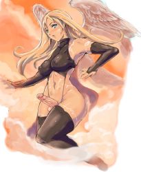  1girl angel blonde_hair blue_eyes bodypaint cloud futanari latex long_hair open_mouth penis precum sky solo testicles thighhighs ubanis uncensored wings  rating:Explicit score:113 user:thedarkness