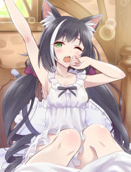 1girl animal_ear_fluff animal_ears arm_up armpits black_hair blurry blush bow cat_ears cat_tail commentary_request depth_of_field drill_hair fang green_eyes hair_bow highres indoors karyl_(princess_connect!) lens_flare long_hair looking_at_viewer md5_mismatch multicolored_hair one_eye_closed open_mouth pajamas pillow princess_connect! resolution_mismatch sitting sleepy sleeveless solo source_larger tail twintails two-tone_hair urabi_(tomatohouse) very_long_hair waking_up yawning rating:Sensitive score:9 user:danbooru