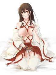 10s 1girl akagi_(kancolle) bdsm blush bondage bound breasts brown_eyes brown_hair collarbone crotch_rope embarrassed highres japanese_clothes kantai_collection kneeling large_breasts long_hair looking_at_viewer nipples open_clothes parted_lips pleated_skirt pussy_juice sayo_(asahisayo) shibari skirt solo thighhighs rating:Explicit score:10 user:danbooru