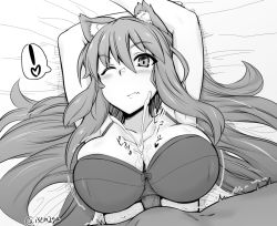  1boy 1girl animal_ear_fluff animal_ears arms_behind_head blush bouncing_breasts bow bow_bra bra breasts cleavage cum cum_on_body cum_on_breasts cum_on_upper_body ejaculation fate/extra fate/extra_ccc fate/extra_ccc_fox_tail fate_(series) fox_ears greyscale handsfree_paizuri hetero isemagu large_breasts long_hair looking_at_viewer lying monochrome on_back one_eye_closed paizuri paizuri_under_clothes penis skindentation solo_focus straddling straddling_paizuri suzuka_gozen_(fate) uncensored underwear very_long_hair wince  rating:Explicit score:49 user:danbooru
