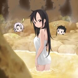  3girls absurdres alternate_hairstyle arms_at_sides black_hair blush breasts brown_eyes brown_hair clueless confused cowboy_shot expressionless eyebrows female_focus from_behind hasu_(kunoichi_tsubaki_no_mune_no_uchi) highres higiri_(kunoichi_tsubaki_no_mune_no_uchi) kunoichi_tsubaki_no_mune_no_uchi long_hair looking_at_viewer looking_back lsp_(kskm4478) multiple_girls night onsen outdoors parted_lips petite small_breasts solo_focus standing surprised suzushiro_(kunoichi_tsubaki_no_mune_no_uchi) towel towel_over_breasts water 