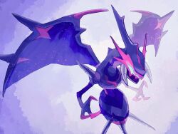  assault_visor claws colored_skin creatures_(company) dragon fusenryo game_freak gen_7_pokemon glowing glowing_eyes hashtag-only_commentary naganadel nintendo one-eyed open_mouth pokemon pokemon_(creature) purple_background purple_skin purple_wings shoulder_spikes solo spikes ultra_beast wings 