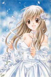  00s 1girl absurdres bare_shoulders breasts brown_eyes brown_hair choker cleavage dress flower hair_flower hair_ornament highres jewelry long_hair medium_breasts mizuno_eita necklace open_mouth petals scan solo spiral_(manga) wedding_dress yuizaki_hiyono 
