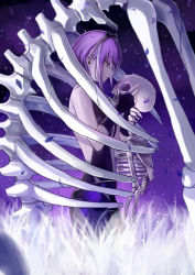  1girl absurdres backless_outfit breasts dark_skin dark-skinned_female fate/grand_order fate/prototype fate/prototype:_fragments_of_blue_and_silver fate_(series) hairband hassan_of_serenity_(fate) highres jeffrey10 profile purple_eyes purple_hair ribs short_hair skeleton skull solo  rating:Sensitive score:10 user:danbooru