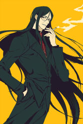  1boy between_fingers black_eyes black_hair black_jacket black_shirt black_suit cigarette collared_shirt cowboy_shot fate/grand_order fate_(series) floating_hair formal glass hand_in_pocket holding holding_cigarette jacket kaifei_(kaifei_29) long_hair lord_el-melloi_ii male_focus necktie parted_lips red_necktie shirt sidelocks simple_background smoke solo suit very_long_hair waver_velvet yellow_background 