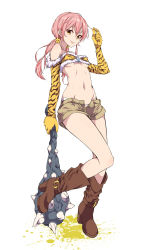  &gt;:p 10s 1girl :p alternate_hairstyle animal_print ashuku bandeau bare_shoulders boots bow breasts brown_footwear buckle club_(weapon) elbow_gloves full_body fur_trim gloves hair_between_eyes hair_bow hair_ornament high_heel_boots high_heels highres idolmaster idolmaster_cinderella_girls jougasaki_mika long_hair looking_at_viewer low_twintails mace magatama midriff navel no_socks oni open_fly panties panty_peek pink_hair print_gloves ruffling_hair short_sleeves shorts simple_background small_breasts smile smiley_face solo spiked_mace spikes standing standing_on_one_leg strapless tiger_print tongue tongue_out twintails unbuttoned underboob underwear unzipped v-shaped_eyebrows weapon white_background yellow_eyes 