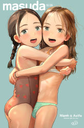 2girls :d artist_name ass asymmetrical_docking banned_artist bare_arms bare_shoulders belly-to-belly bikini blue_background blush braid breast_press brown_hair brown_one-piece_swimsuit cameltoe child_on_child flat_chest green_bikini green_eyes highres hug loli long_hair looking_at_viewer masuda_(yousaytwosin) medium_hair multiple_girls navel one-piece_swimsuit open_mouth original partially_visible_vulva simple_background smile standing swimsuit twin_braids wet wet_hair yuri rating:Questionable score:389 user:danbooru