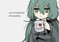  1girl closed_mouth coffee_mug cup dot_nose english_text green_eyes green_hair grey_background grey_hoodie hair_between_eyes hair_ornament hand_up hatsune_miku highres holding holding_cup hood hood_down hoodie i_heart... jitome logo_parody long_bangs long_hair long_sleeves low_twintails mug nike_(company) no_pupils simple_background sleepy sleeves_past_wrists snale solo twintails unkempt upper_body vocaloid 